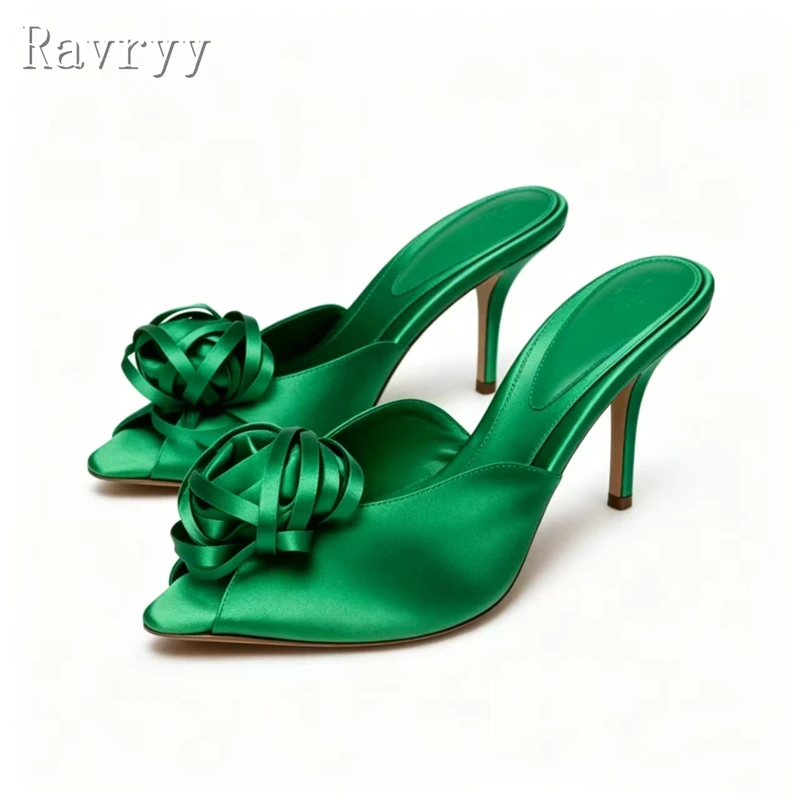 Women Satin Flower High Heels Mule Slippers Pointed Open Toe Stilettos Sandals Luxury Evening Wedding Banquet Dress Shoes