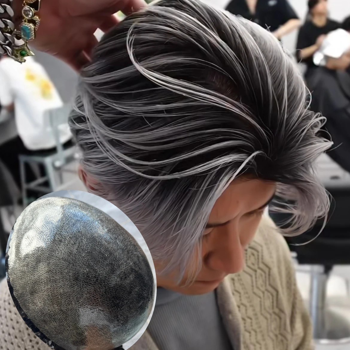 

Мужской парик из 100% натуральных волос, черно-серый, с естественной линией роста волос, на тонкой полиуретановой основе (0,1 мм), прочный, тонкий, для мужчин, капиллярный протез