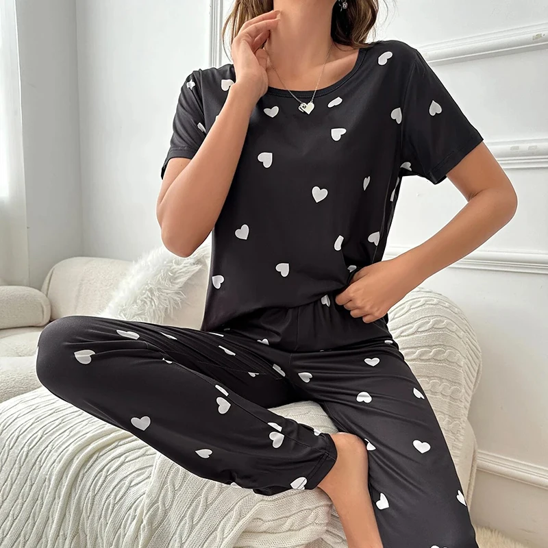 Women\'s Sleepwear Autumn Heart Print Pajama Set Short Sleeve Top & Elastic Waistband Pants Comfortable Relaxed Casual Clothes