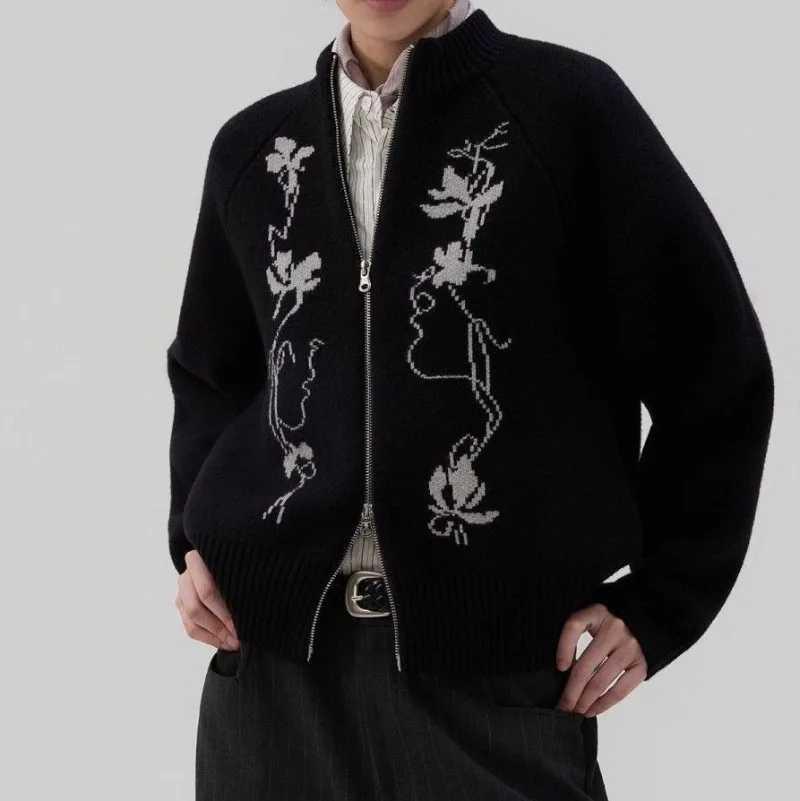 Chinese Jacquard Lazy Style Cardigan Men's Cool and Stylish Knitted Coats Unisex Spring Autumn New Black Versatile Zipper Sweter