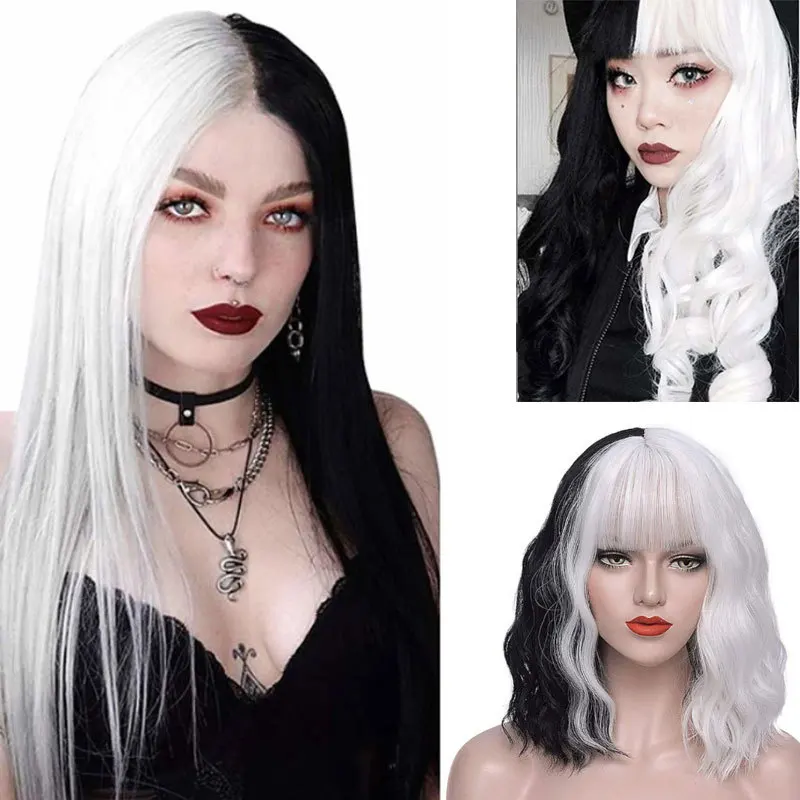 Black and white witch Kuira COS wig long straight short roll water ripple Halloween double panel design