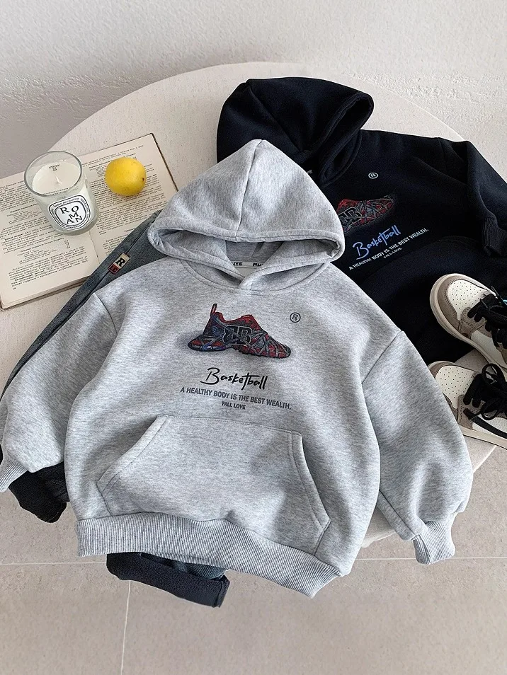 Thiened Fce Children's Hoodie Vintage Printed Boys Winter Sweatirt Warm Stand Fit Long Sve T-irt for Kids