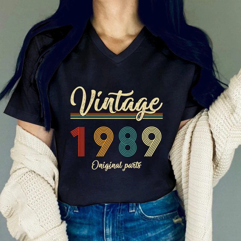 Women's Birthday Gift V-neck Classic T-shirts Vintage 1989 Graphic T Shirts 35th Birthday Gifts Vintage Women's Clothing Sales