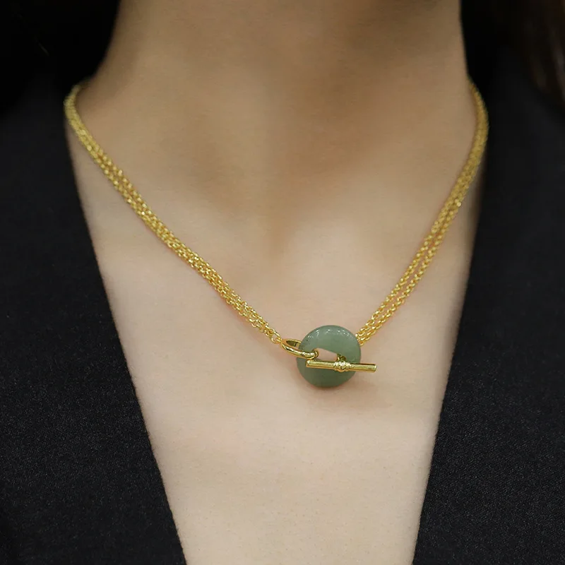 Kenger OT buckle necklace women's copper plated real gold natural gemstone adjustable collarbone chain, retro pendant treatment
