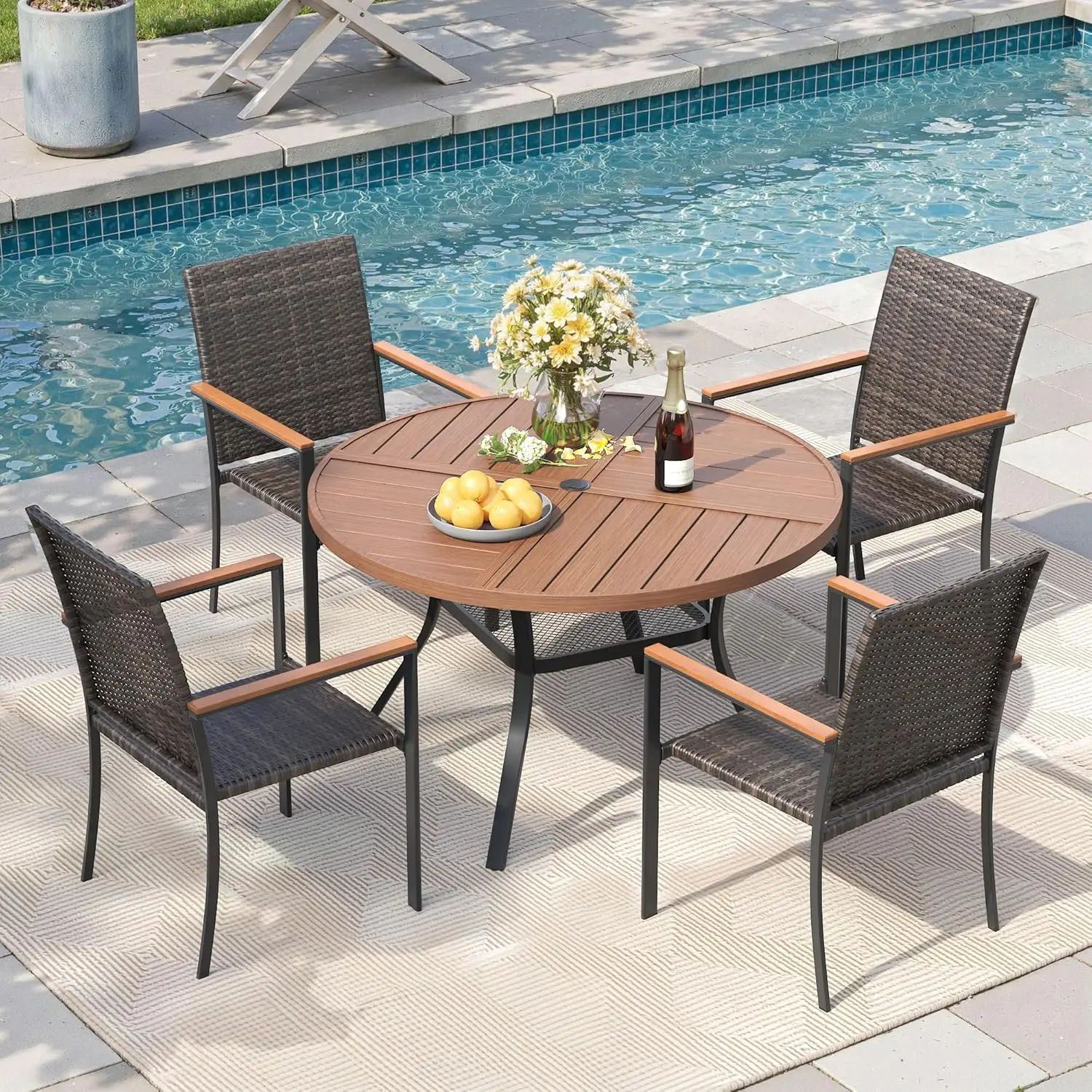 4-Piece 40.6 Inch Round Metal Patio Dining Set with Umbrella Hole Stackable Wicker Chairs Customized for Outdoor Garden Lawn Bac