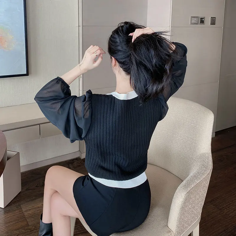 حجم كبير ملابس تريكو نسائية موضة الخامس الرقبة تصميم الربط الشيفون فقاعة كم التخسيس للفتيات الثقيلة XXL XXXL 200 جنيه