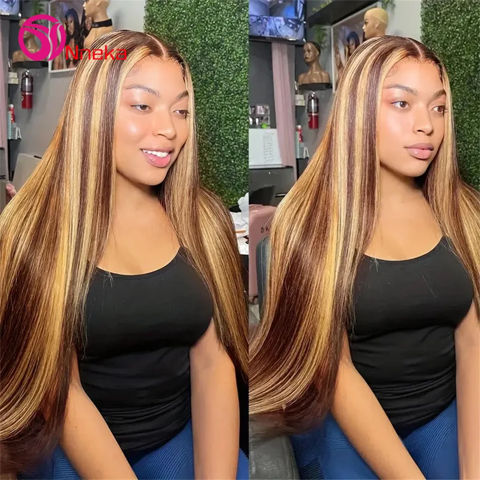 

Highlight Straight Human Hair Wigs 13x6 HD Lace Front Wigs Human Hair P4/27 Honey Blonde 13x4 Transparent Lace Front Wigs