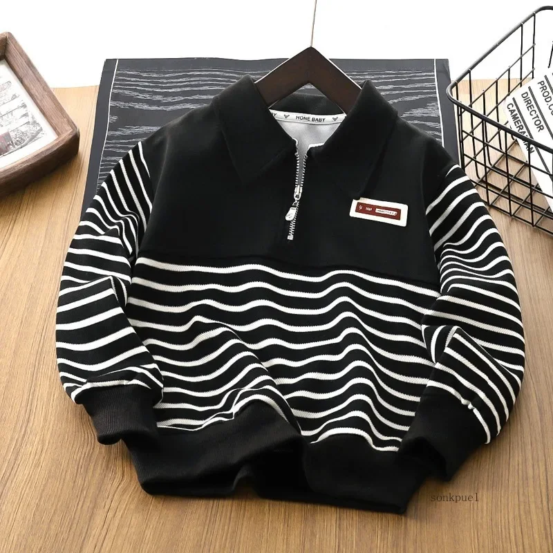 Kinder Sweatshirt Frühling Herbst Baby Jungen Halb-reiß Sweatshirt Koreanische Gestreiften Revers Mittlere Bis Große Kinder Rundhals tops