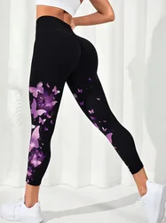 Leggings slim elasticizzati con stampa a farfalla, leggings attillati elasticizzati casual