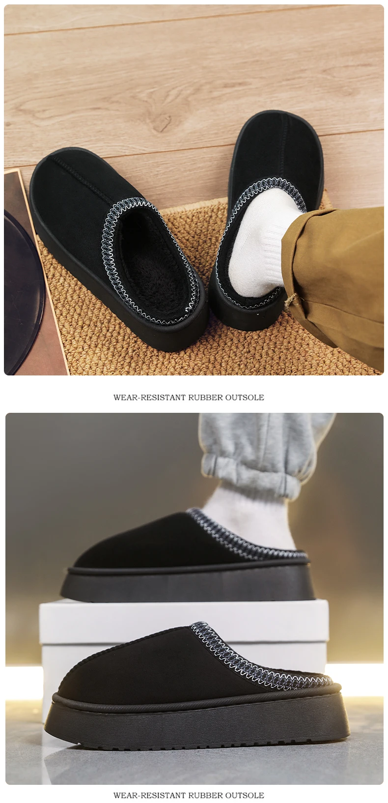 Mit Fleece gefütterte, dicksohlige Baumwollhausschuhe für Damen und Herren, für den Innen- und Außenbereich geeignet, mit dicker Sohle, abriebfest, rutschfest, geschlossen. – Detail 10