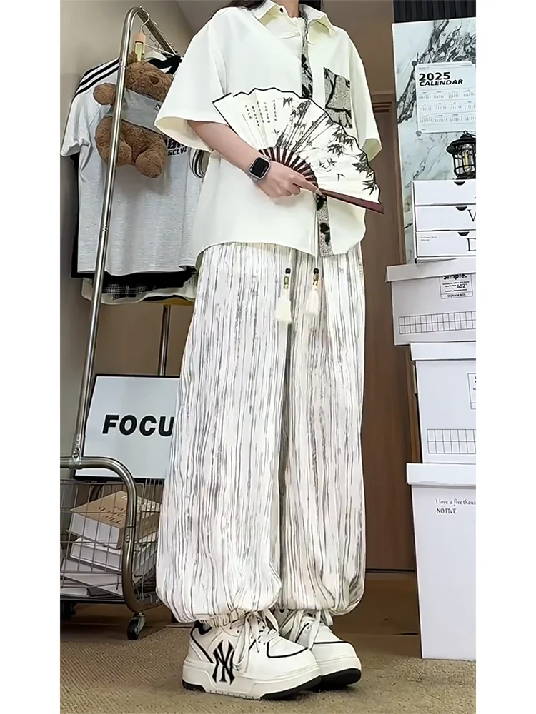 

Новые китайские полосатые брюки из ледяного шелка с широкими штанинами для мужчин и женщин, летние, струящиеся, прямые, повседневные, свободные, в стиле «фонарики»