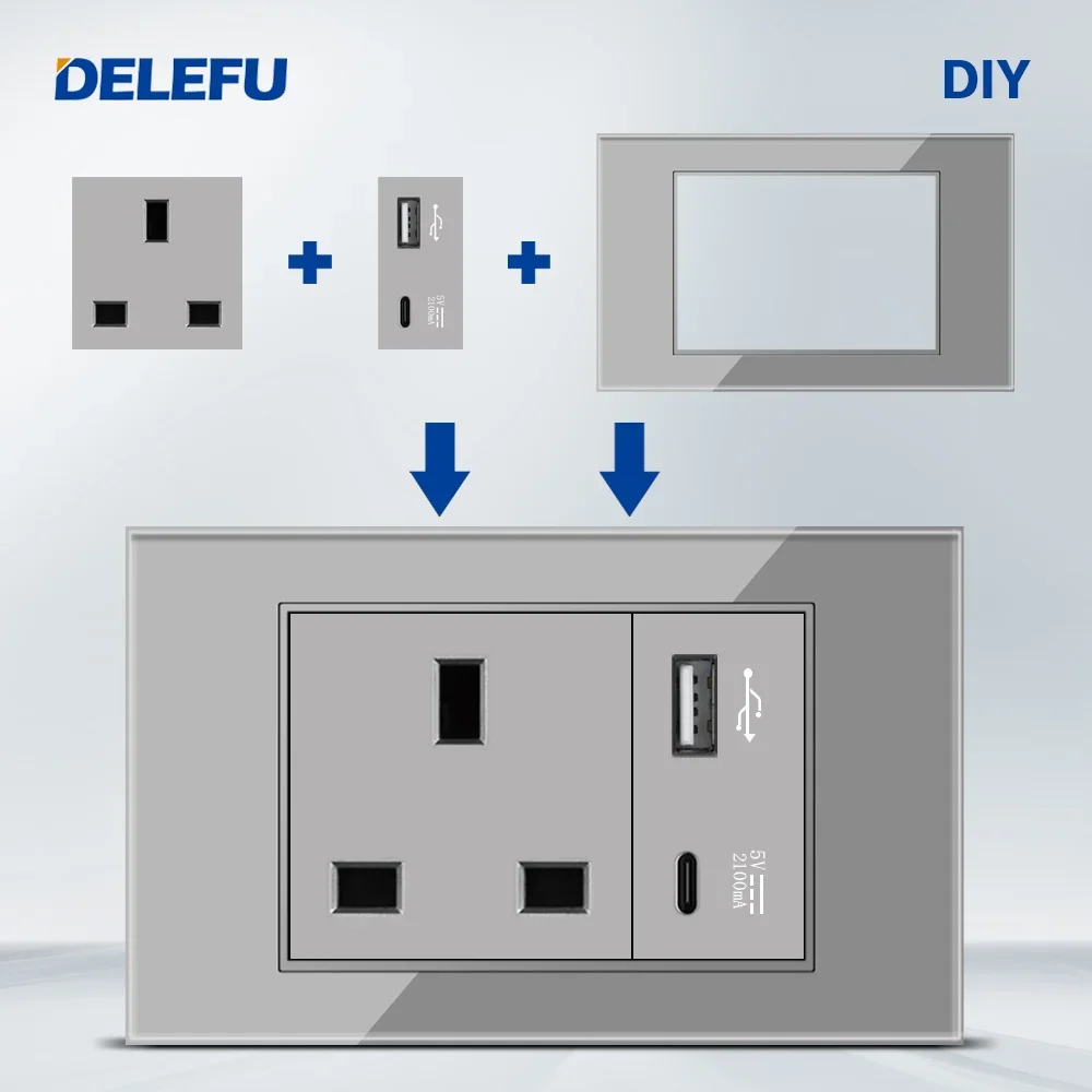 DELEFU English, Multi-functional Free Combination Computer USB Type C Wall Socket DIY Grey
