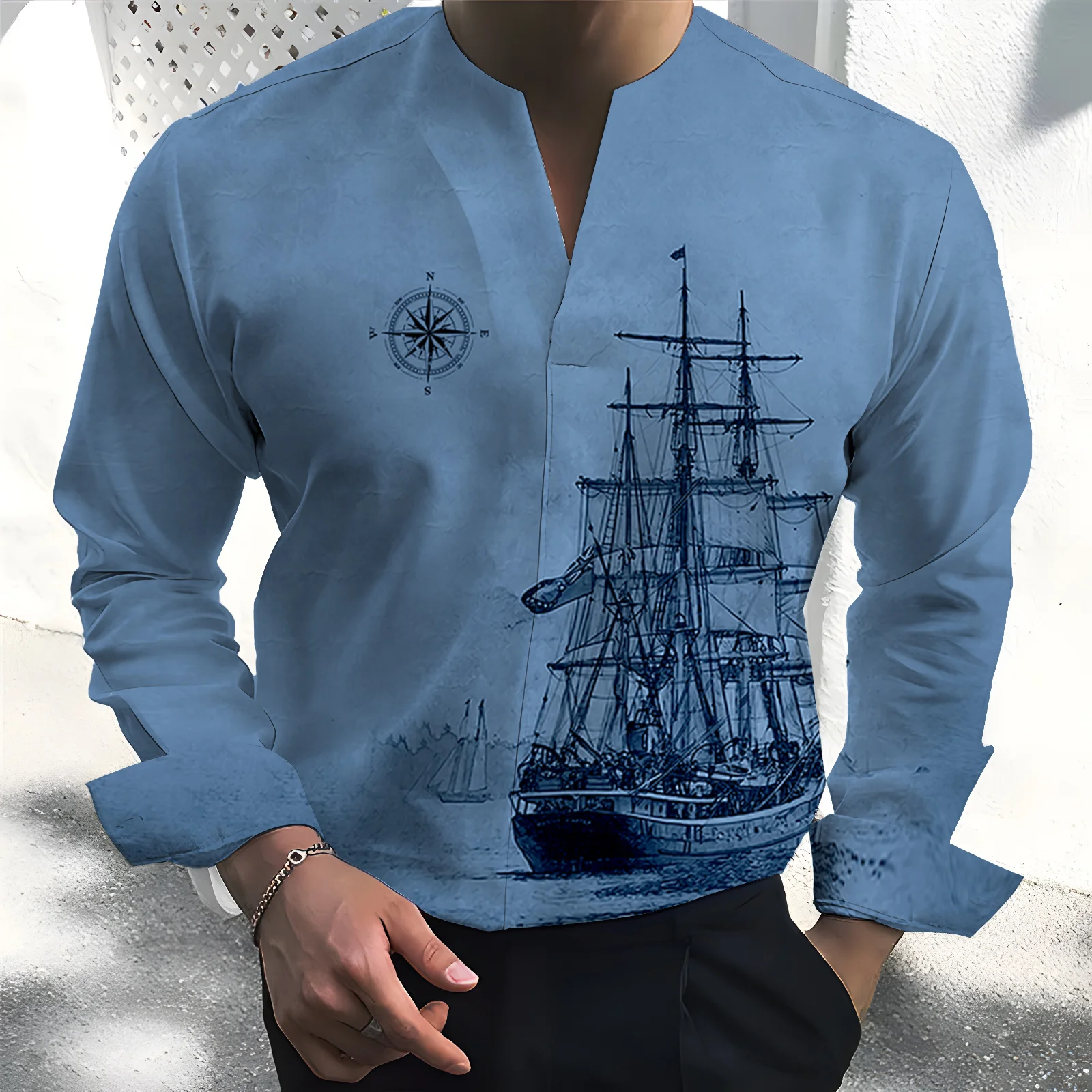 

Spring Autumn New Sailboat printin Hot Sale Men's Long-Sleeved Shirts Solid Color Stand-Up Collar Casual Style Plus Size Shirts