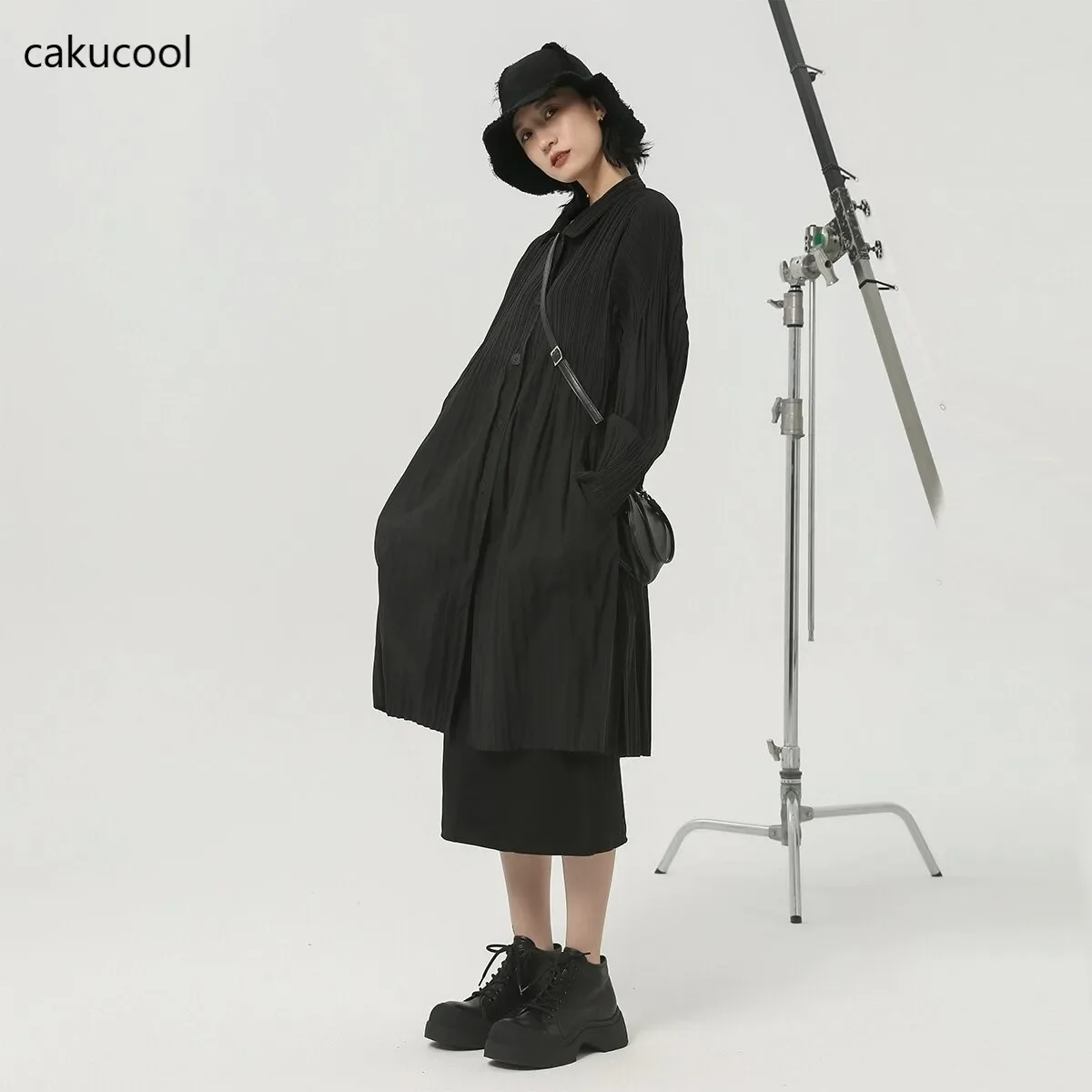 Cakucool Women Solid Black Irregular Wrinkled Pleated Long Sleeve Blouse Dress Japanese Harajuku Loose Casual Thin Windbreaker