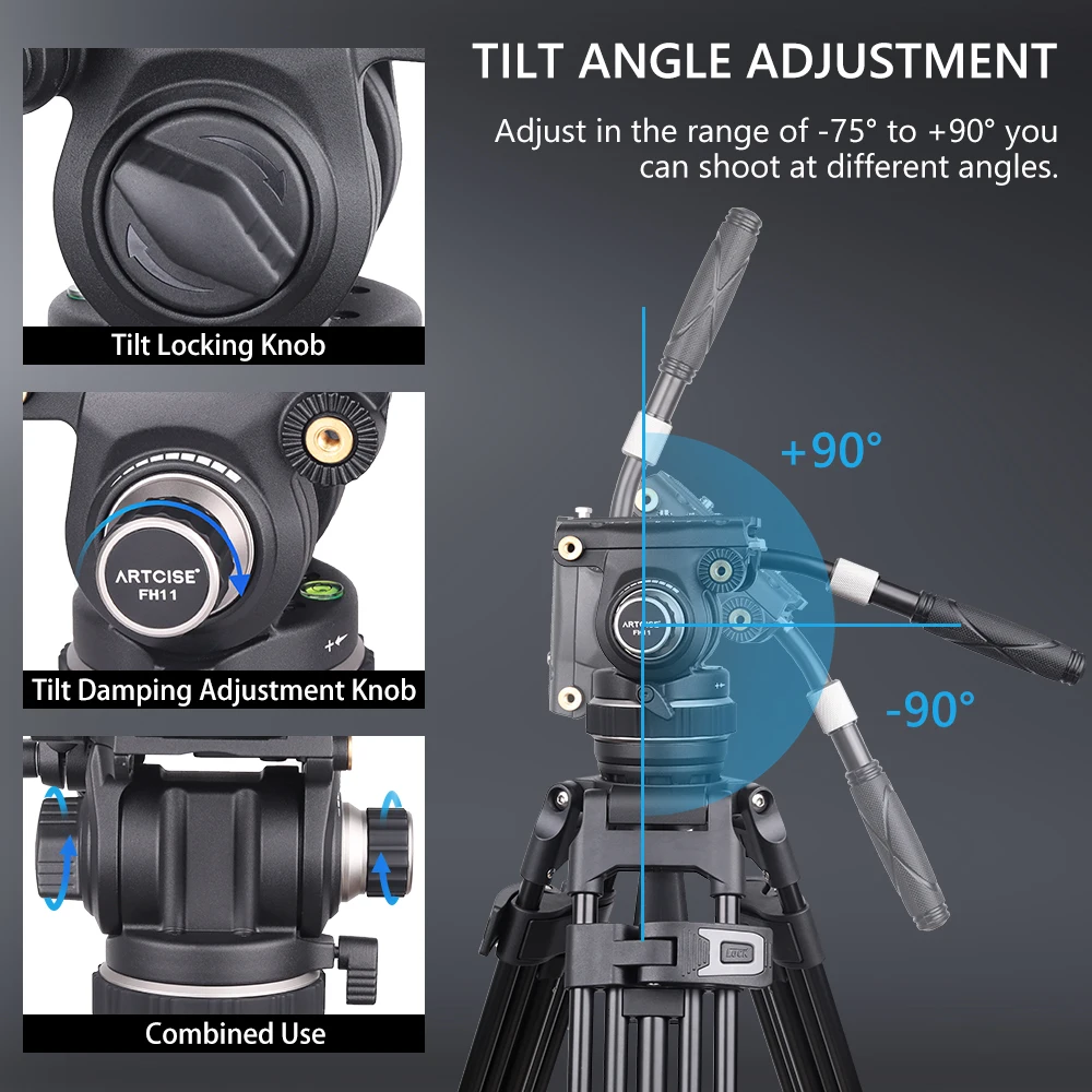 ARTCISE FH11 360°Panoramic Rotation Drag Tilt Pan Fluid Head Heavy Duty Professional for DSLR Camera Camcorder Video Load 12kg