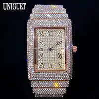Reloj rosa de moda para hombre, reloj de pulsera rectangular de lujo de acero inoxidable callejero Hip Hop con diamantes de hielo para hombre con calendario Rlógios Masculino