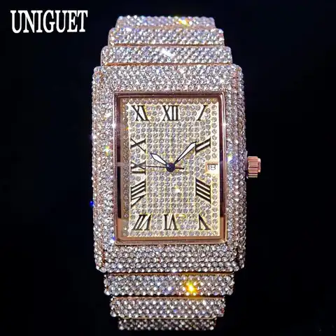 Fashion Rose Watch For Men Luxury Stainless Street Hip Hop Ice Diamond Rectangle Wristwatch Male With Calendar Rlógios Masculino