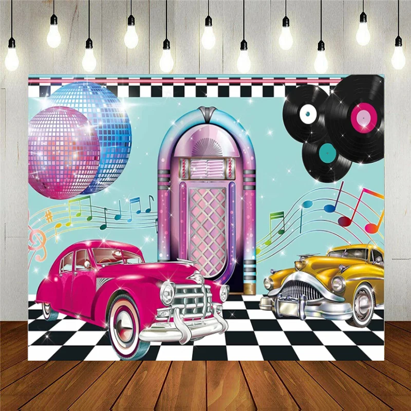 

50's Sock Hop Backdrop 1950s Rock Roll Prom Dance Birthday Diner Party Decor Music Classic Disco Retro Cars Background Banner