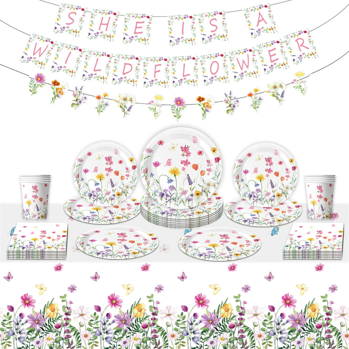 Partys mit Wildblumenmotiv, Geburtstagsparty-Zubehör für kleine Blumen, Teller, Tassen, Servietten, Frühlingsfeiern, Geburtstagsfeiern – Detail 4