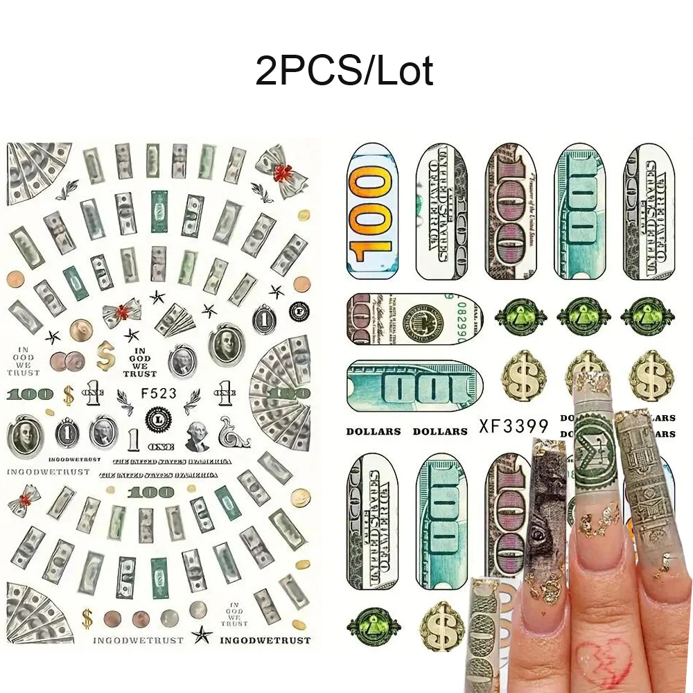 2 Sheets Money Dollar Nail Art Stickers Nail Adhesive Sticker Interesting Nail Decal Holographic 3D Acrylic Nails Supplies Decor