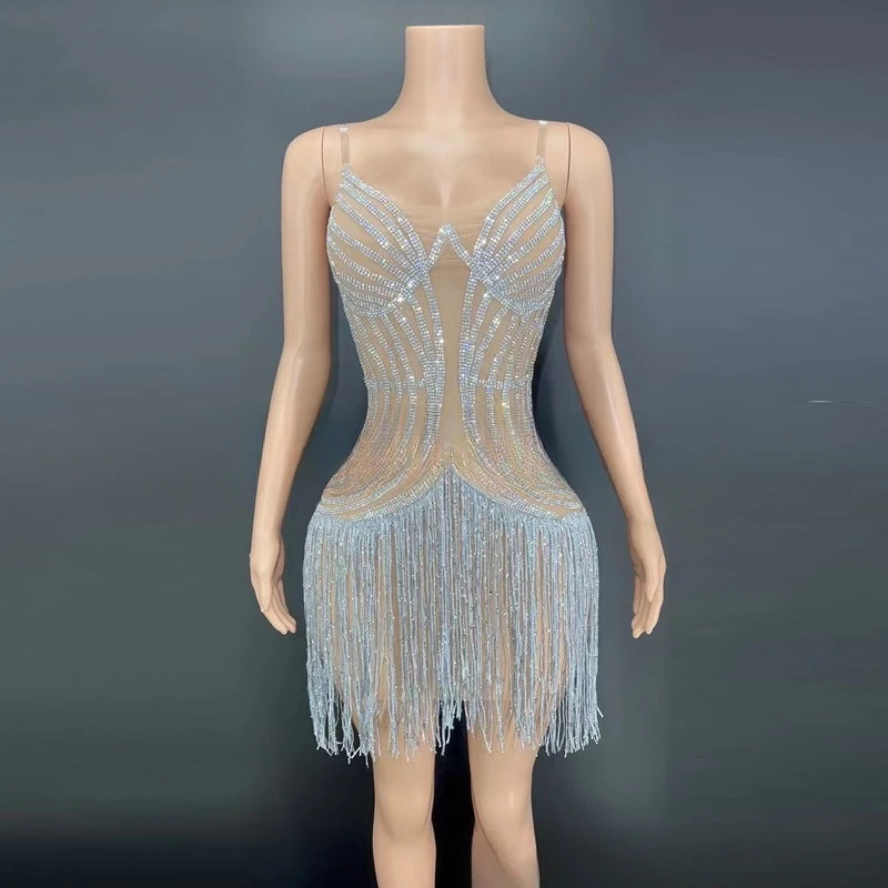 Ropa de mujer de lujo con borlas de diamantes de imitación, vestido de noche transparente con cuello de sujetador, minivestido Sexy, falda de fiesta de cumpleaños, vestido de fiesta