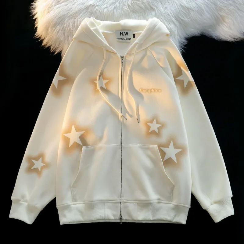 Chaqueta cárdigan con cremallera y estampado de pentagrama americano para chica, Sudadera con capucha de gran tamaño, sudadera holgada coreana con cremallera para parejas, ropa de calle para mujer