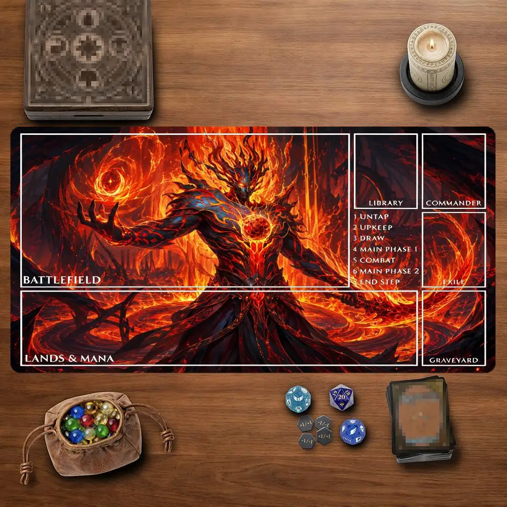 Inferno Fire Demon TCG Playmat 35X60CM Lava Armor Scythe Lord Magic Card Mat Non-Slip Durable Stitched Edge Tabletop Playmat