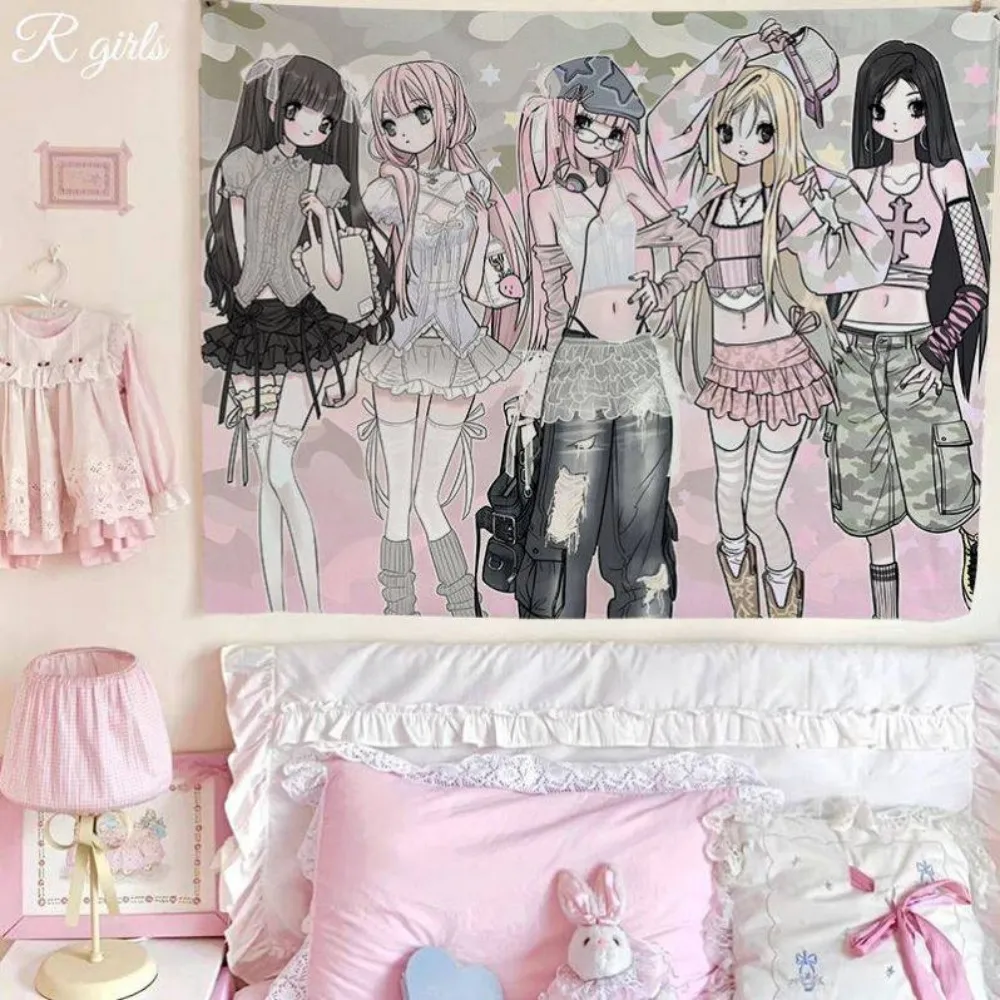 VIKAMA Heilende Lolita Maid Anime Wandteppich Schlafzimmer Wohnheim Dekoration Traumhafter Instagram-Stil Ambiente Maschinenwaschbar