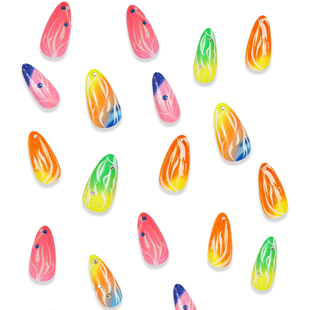 Press on Nails Long Stiletto False Nails Green Fake Nails Glitter Glue on Nails with Snake and Rhinestones Designs Almond Nails