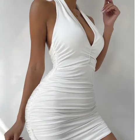 섹시한 딥 브이 이브닝 파티 민소매 Backlss 드레스 2024 여름 짧은 흰색 홀터 드레스 여성 꽉 클럽 미니 드레스 Clubwear