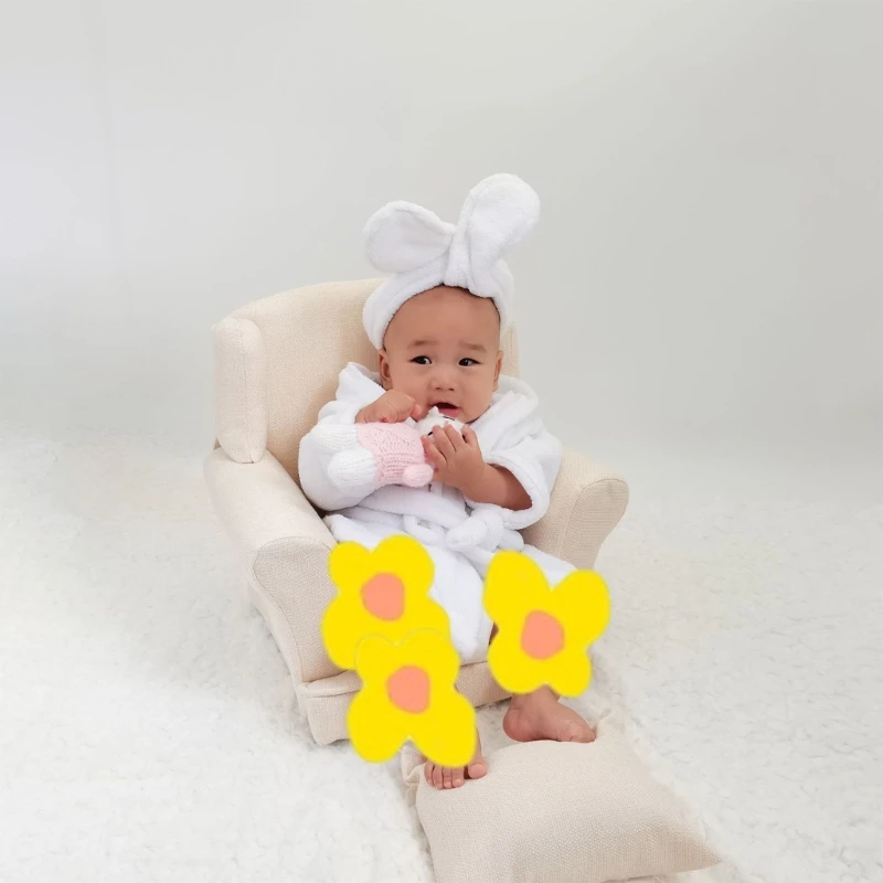 3Pcs White Newborn Photography Outfit Coral Fleece Bathrobe with Headwear and Waist Belt, Infant Robe Set for 0-3 Months