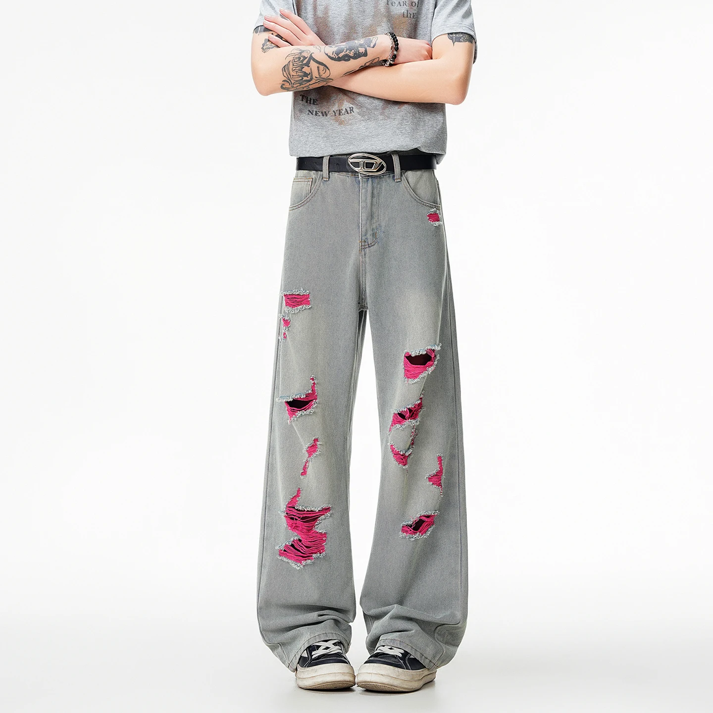 American Straight Jeans Men's Y2K Fashion Ripped Patchwork Hole Wide Leg Casual Denim Pants Loose Male Trousers Men's Clothing
