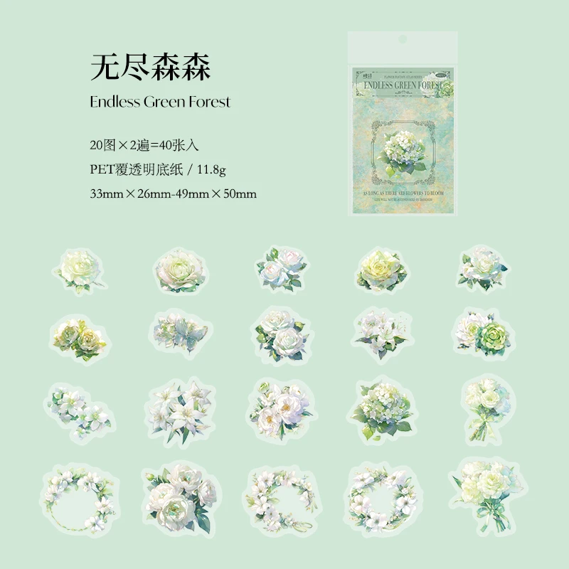    40 stks/zak Vintage Plant Bloem PET Sticker Decoratie Materiaal Handboek Creatieve DIY Scrapbooking Benodigdheden Stickers Briefpapier