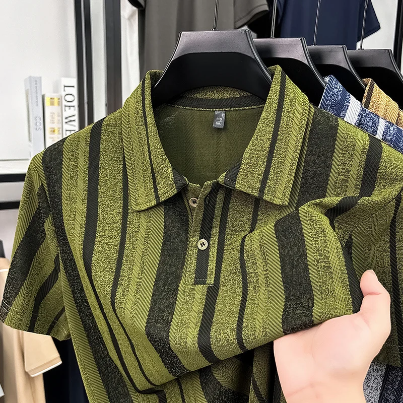 Herren Strukturierte Vertikal Gestreifte Kurzarm-Poloshirts Lässige Business-Oberteile Atmungsaktiv Knitterfrei Sommerkleidung – Detail 5