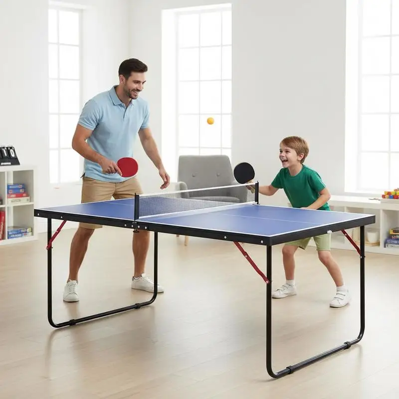 Image of Faltbarer Mini-Tischtennistisch 137,2×76,2×66cm aus MDF-Platte, leicht zu transportieren mit Tragegriff, vormontiert, inkl. Netz, 2 Schläger & 3 Bälle, rutschfeste Saugfüße, platzsparend für drinnen &