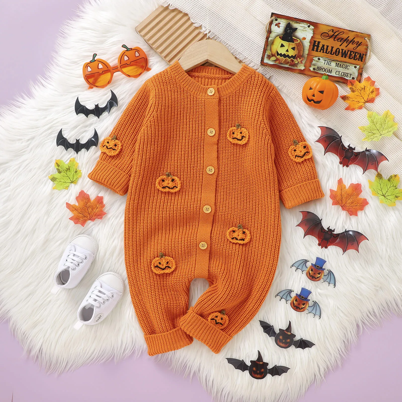 3D Pumpkin Cute Newborn Knitted Clothes Baby Girls Sweater Romper Long Sleeve Crew Neck Button Closure Flower Fall Kids Jumpsuit