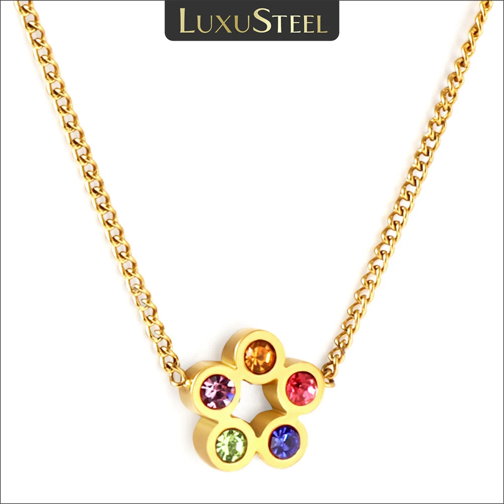 LUXUSTEEL Simple Bohemian Colorful Crystal Flower Necklace for Women Girls Chic Boho Clavicle Cuban Link Chain Collier Femme