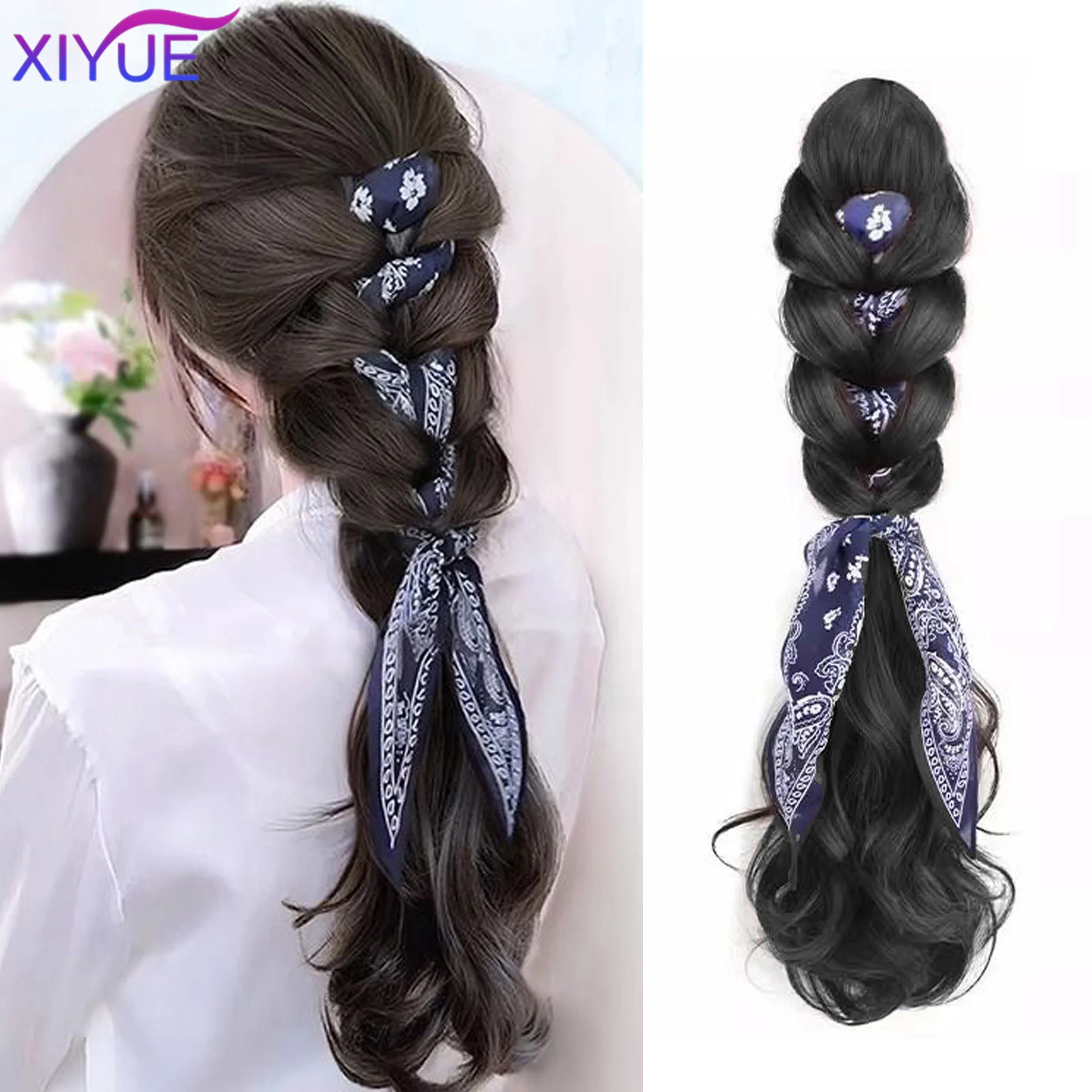 XIYUE Synthetic Wig Ponytail Female Grasping Clip Wavy Wig French ribbon braided ponytail Temperament Fluffy Wig