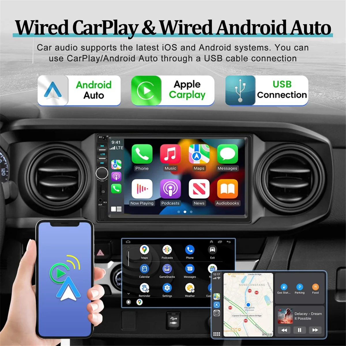 7 Inch Double Din CarPlay Car Stereo with CarPlay Android Auto, Car Radio with Mirror Link Bluetooth FM Reverse Camera