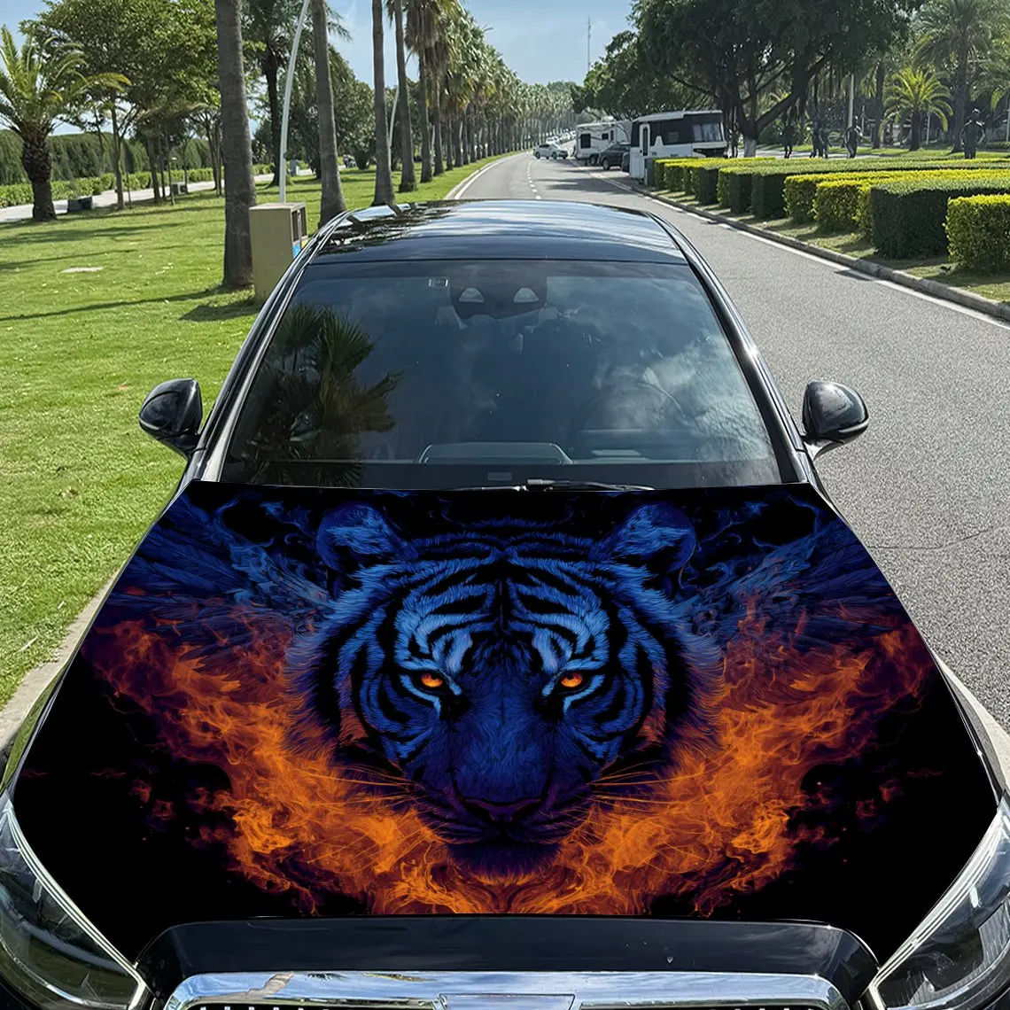 Orange - Stripe Tiger in Blue Flames Car Vinyl Wrap, PVC Material Waterproof Car Hood Sticker, Self-Adhesive Scratch-Resistant S