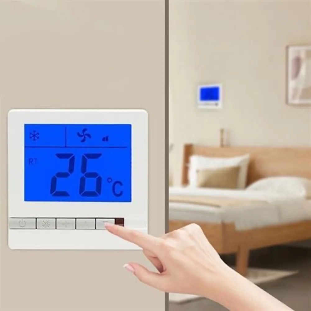 المنزل التحكم في المناخ متحكم في درجة الحرارة مروحة التحكم نظام التدفئة أبيض كبير شاشة الكريستال السائل الثرمستور الاستشعار