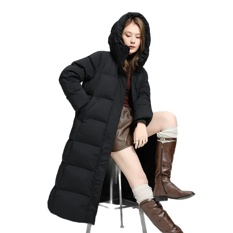 Długa, prosta kurtka puchowa dla kobiet, płaszcz zimowy do ziemi, 90% puchu kaczy, ultra ciepły, jednolity kolor, elegancki.
