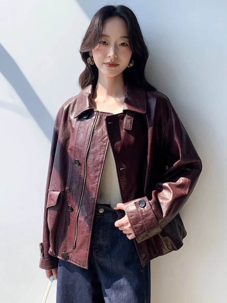 Lässige kurze Echtlederjacken für Damen, Frühling und Herbst 2022, neuer High-End-einfacher, lockerer, weicher Mantel aus echtem Ziegenleder