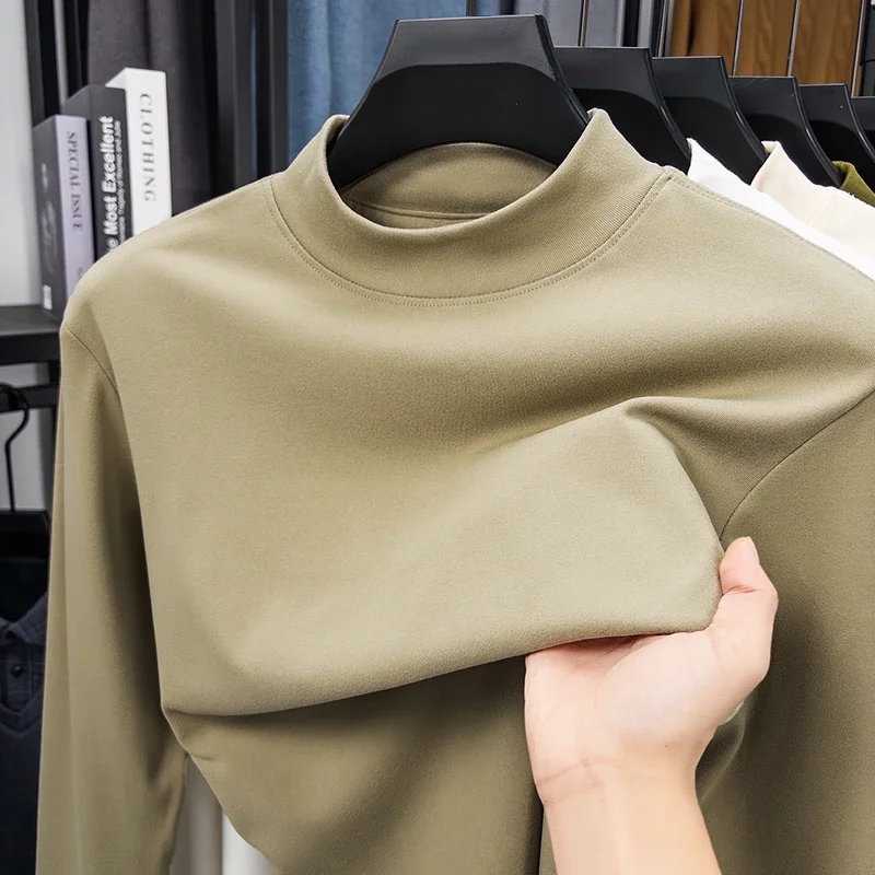 2025 New Men's Casual Solid Color High Collar Velvet Long Sleeve T-shirt Spring and Autumn Versatile Comfortable Top image 5