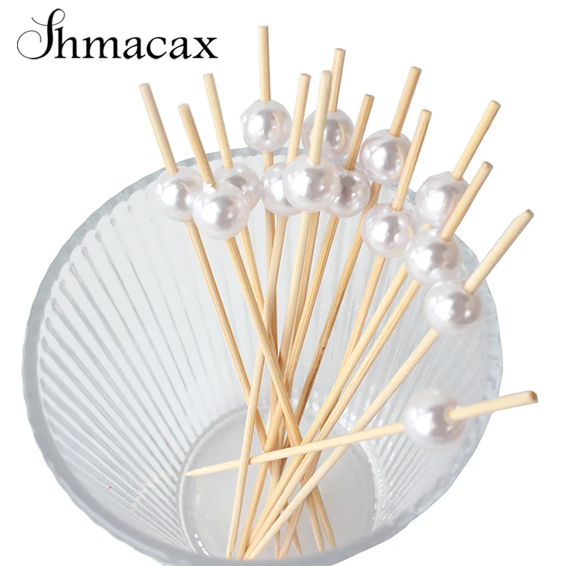 100Pcs 12CM White Pearl Bamboo Food Fruit Picks Party Disposable Cake Dessert Cocktail Sticks Buffet Cupcake Toothpick Skewer