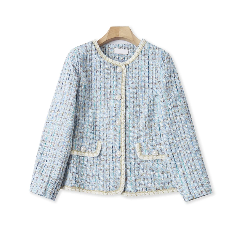 

Autumn New Women's Faion Loose round Ne Long Sve Single Row Multi-Bule Small Fraance Sle Coat Polyester Ammonia ...