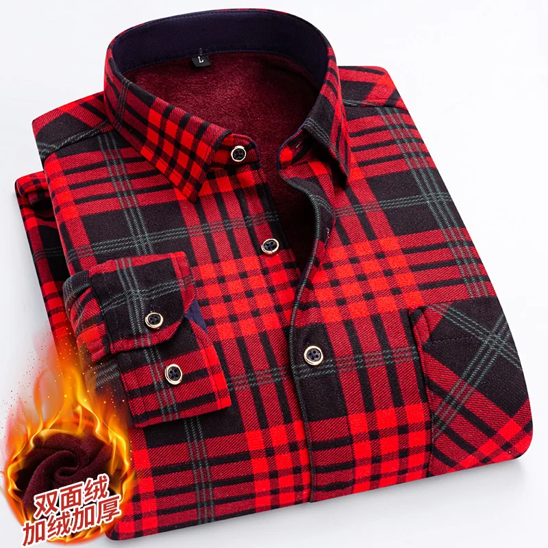 Men\'s long-sleeved shirt plus fleece thickening business casual autumn and winter plaid comfortable trend everything soft top