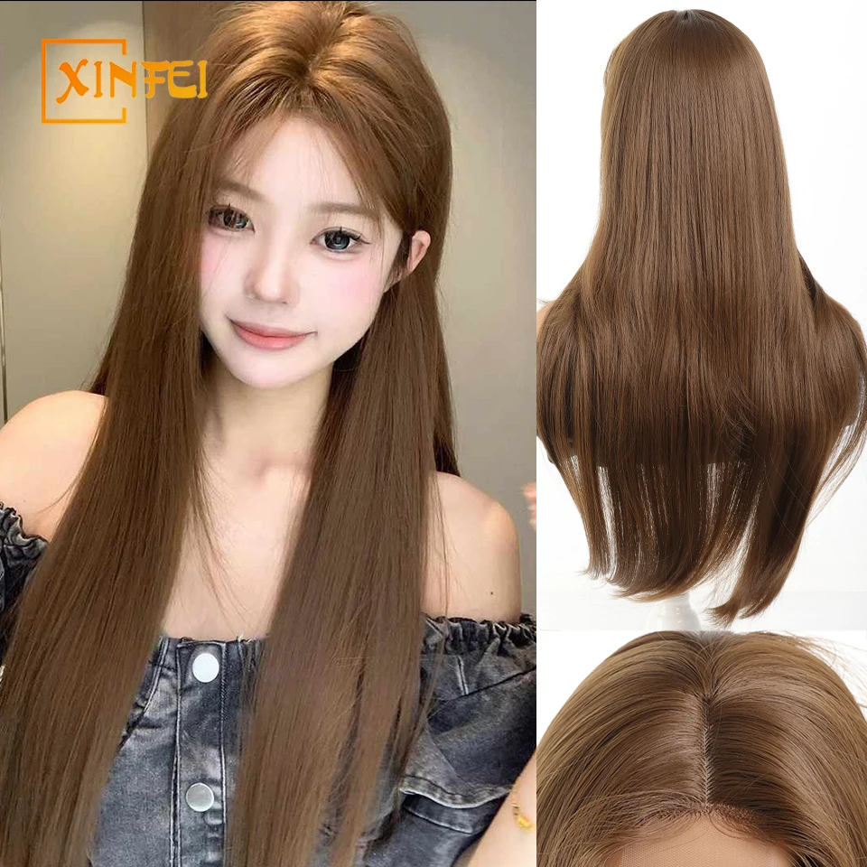 

XINFEI 26 Inch Long Straight Synthetic Wig Brown Natural Smooth Hair Stylish Party Bangs Wigs For Women daily use