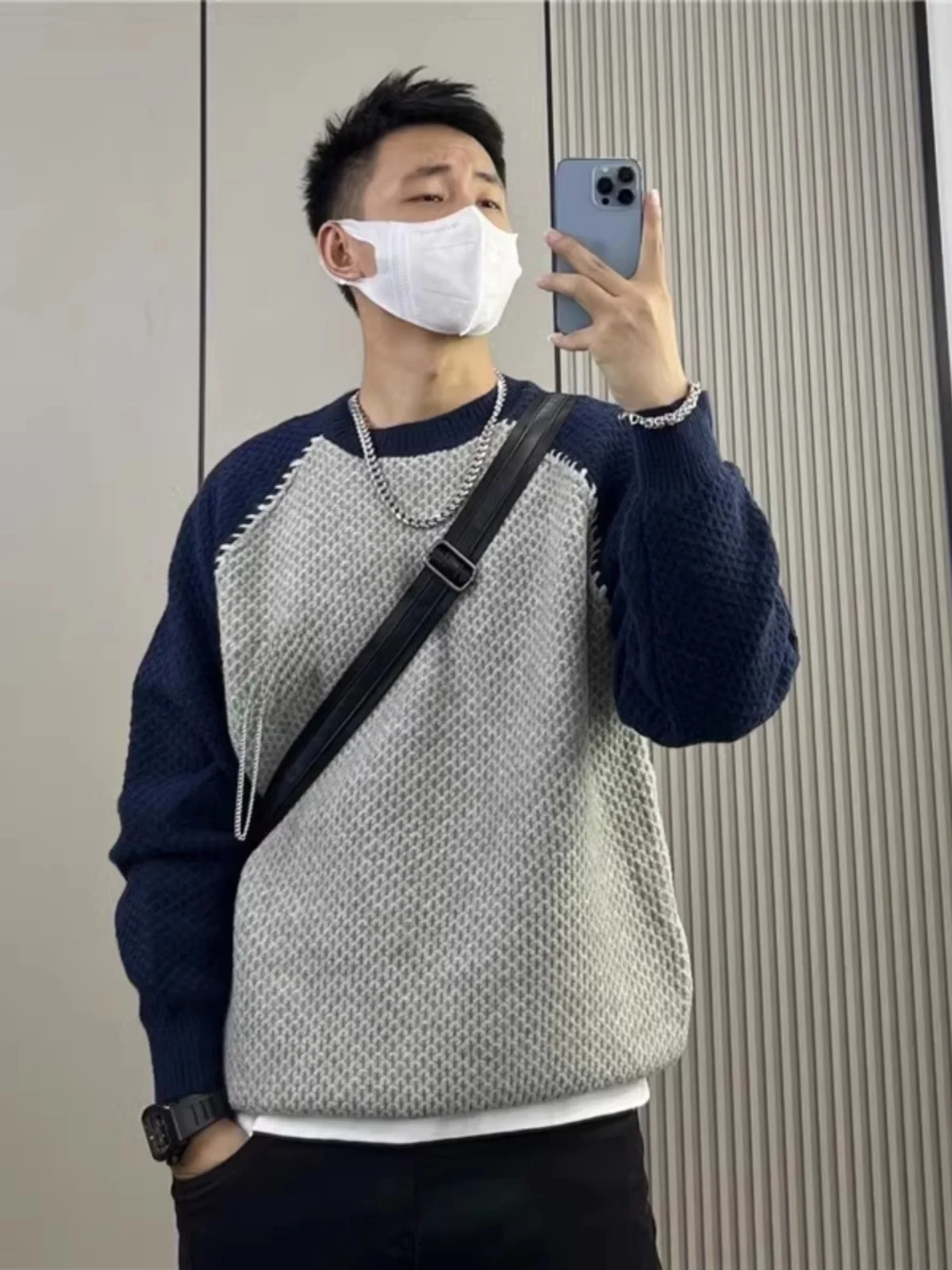 

Large Size Contrast Color Knitted Sweater Men's Autumn Winter Fashion Brand American Retro Overhead Base Knitwear Men