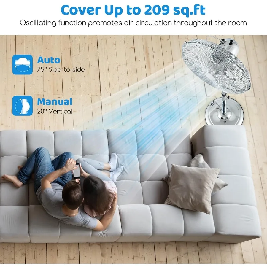 Ventilador de Pedestal de Metal de 16 pulgadas, ventilador Industrial de pie de Metal con altura ajustable, 3 velocidades, 75 oscilación, ventilador de suelo con inclinación de 20 cabezales